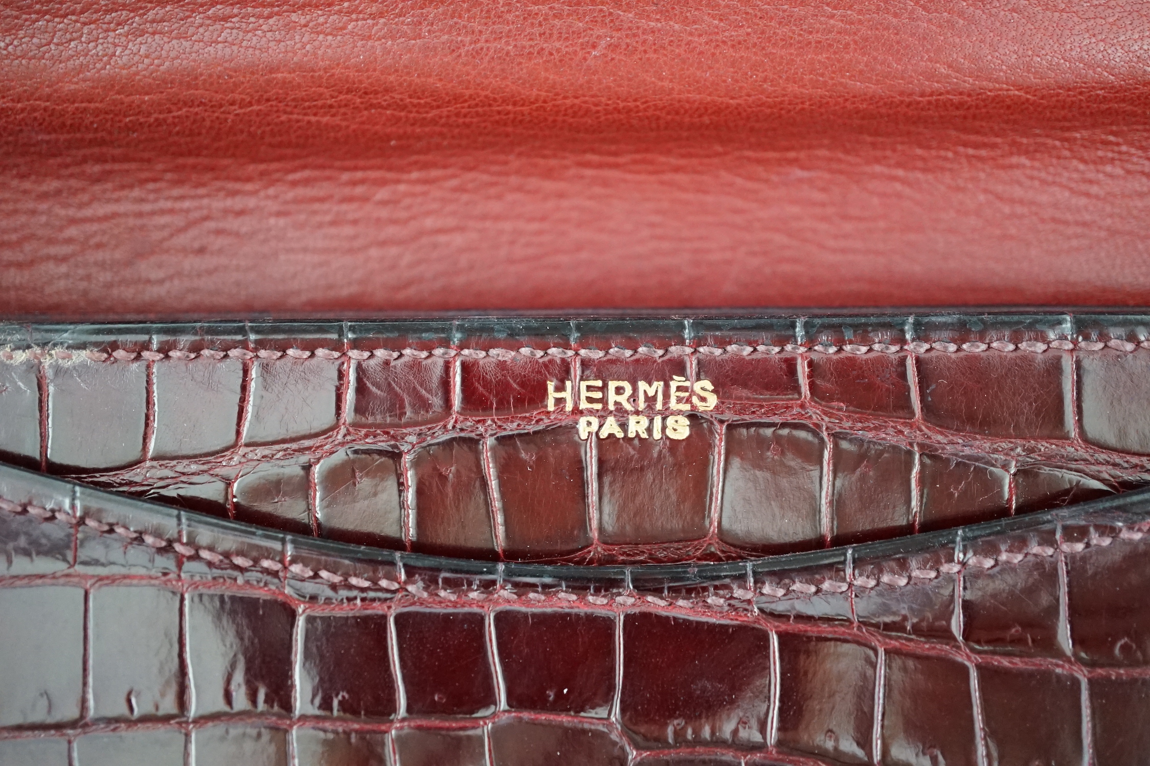 A Hermès Bordeaux crocodile top handle Sac bag, height 17cm, top of handle 31cm, width 26.5cm, depth 4cm